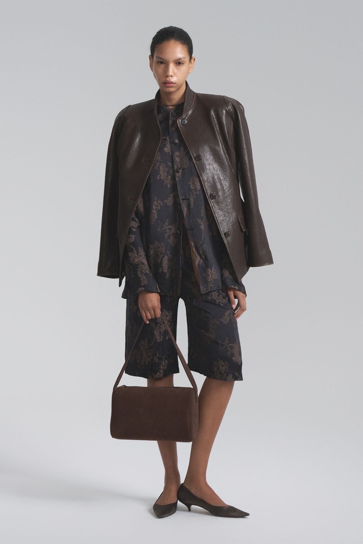 Fitted leather jacket with marble effect - фото 3