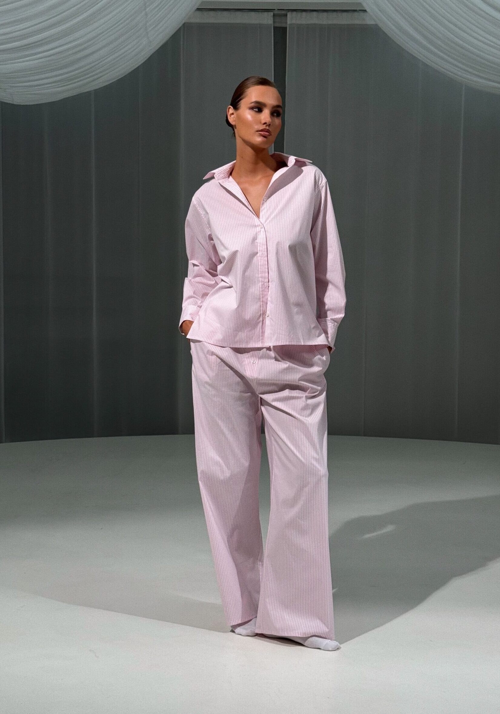 Костюм из хлопка с брюками White/Pink Stripe - Emilie Musee