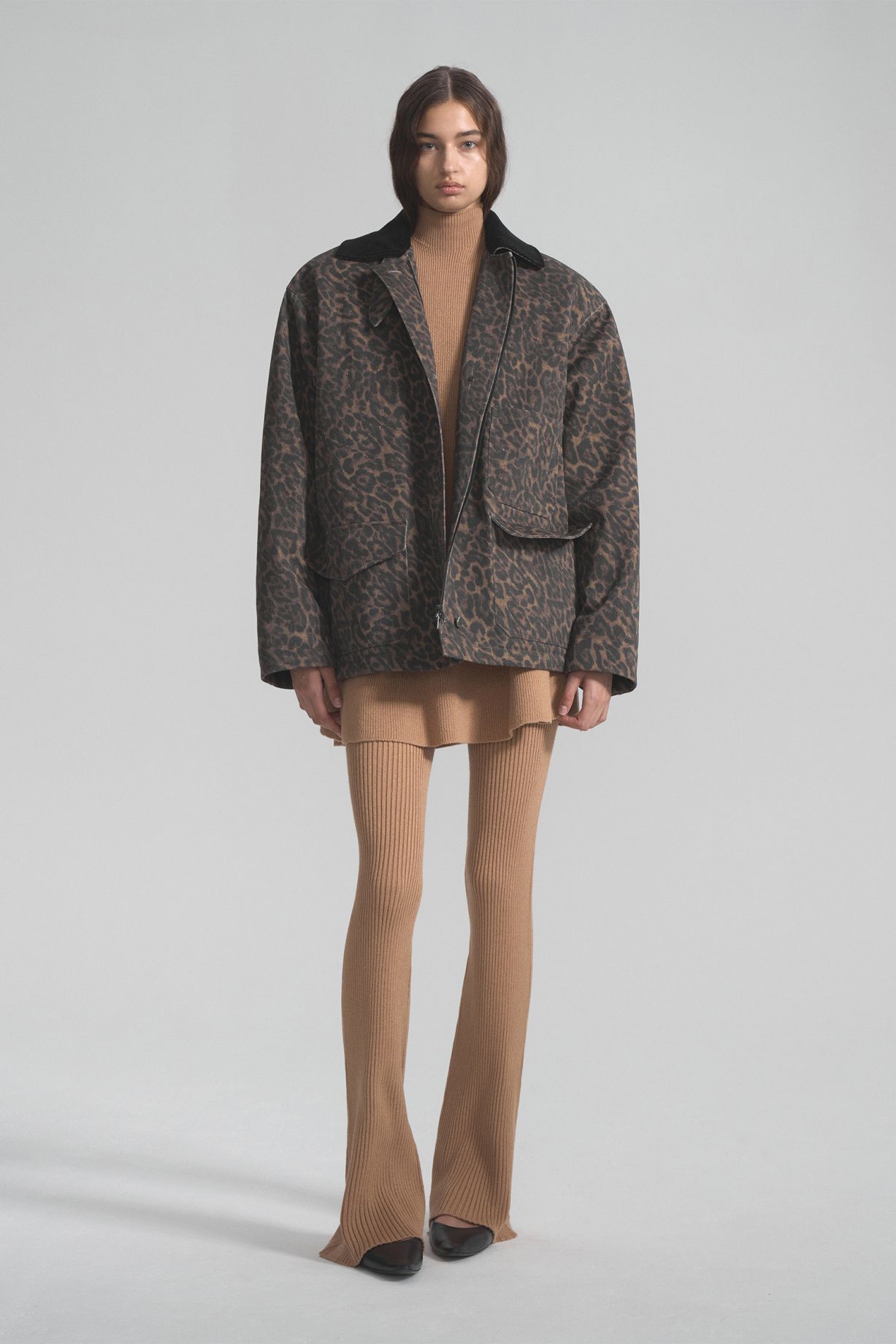 Denim down jacket with leopard print and corduroy collar - Level44