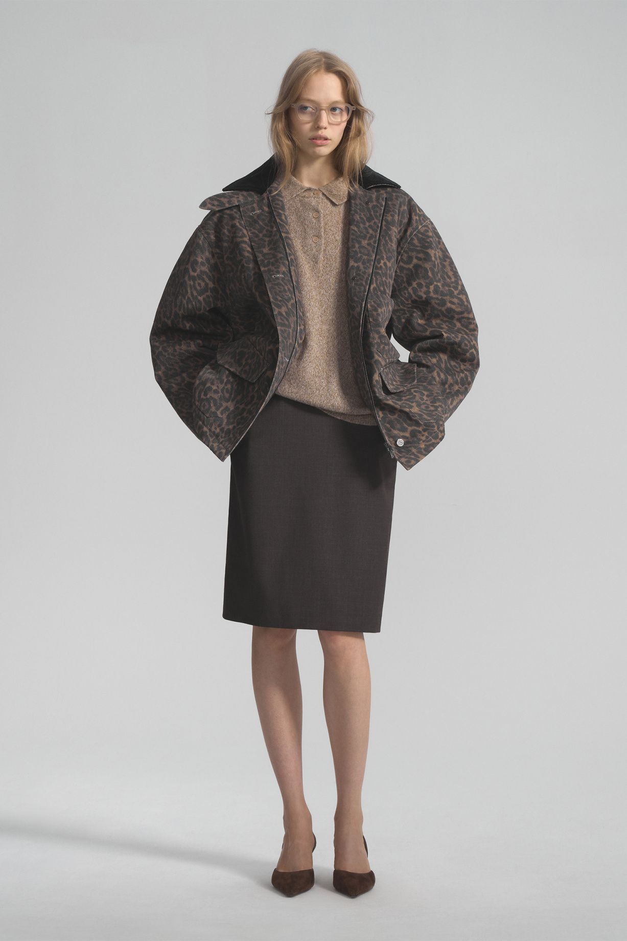 Denim down jacket with leopard print and corduroy collar - фото 2