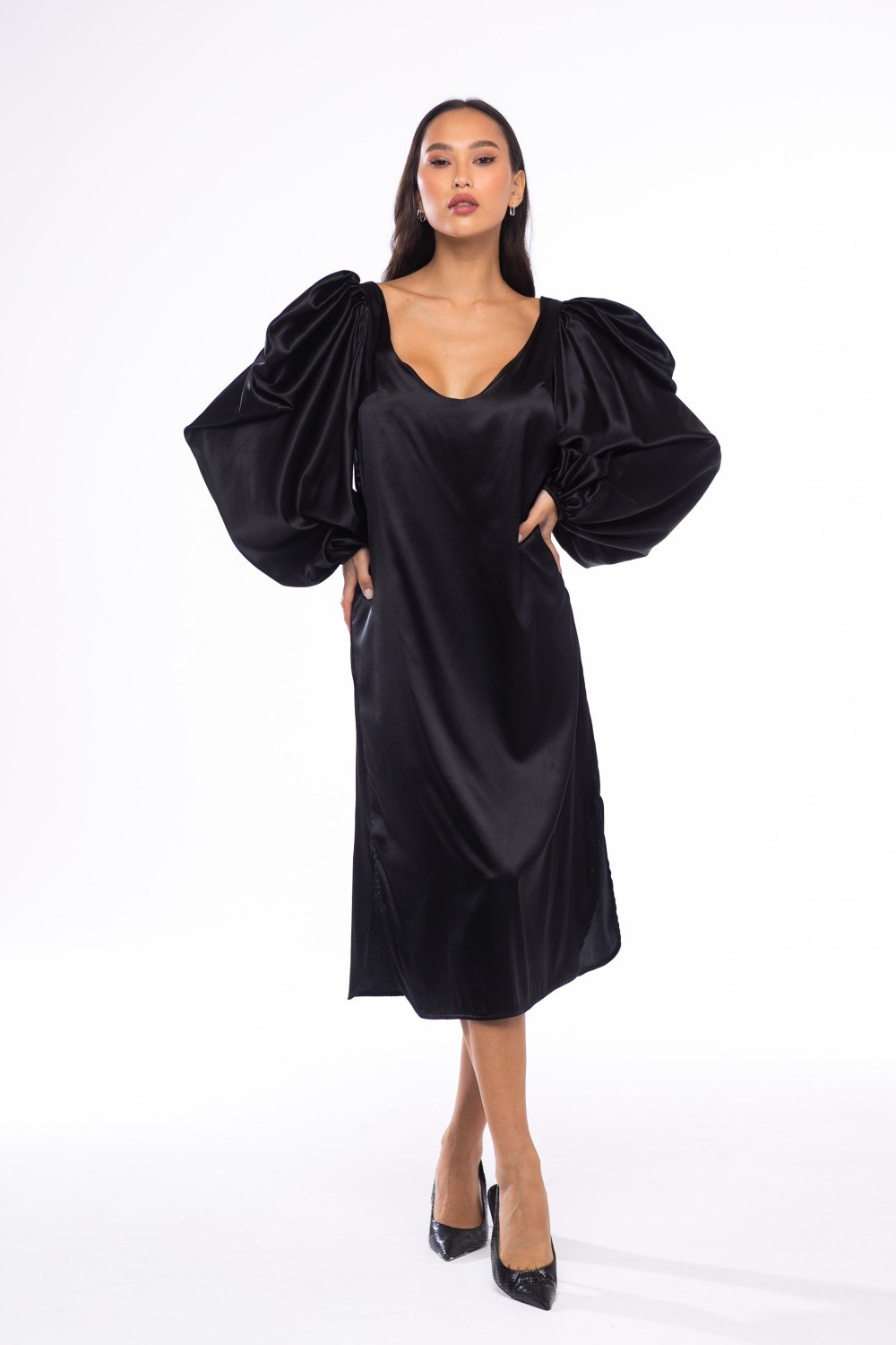 Платье из натурального шелка с рукавами черное - DL Dress